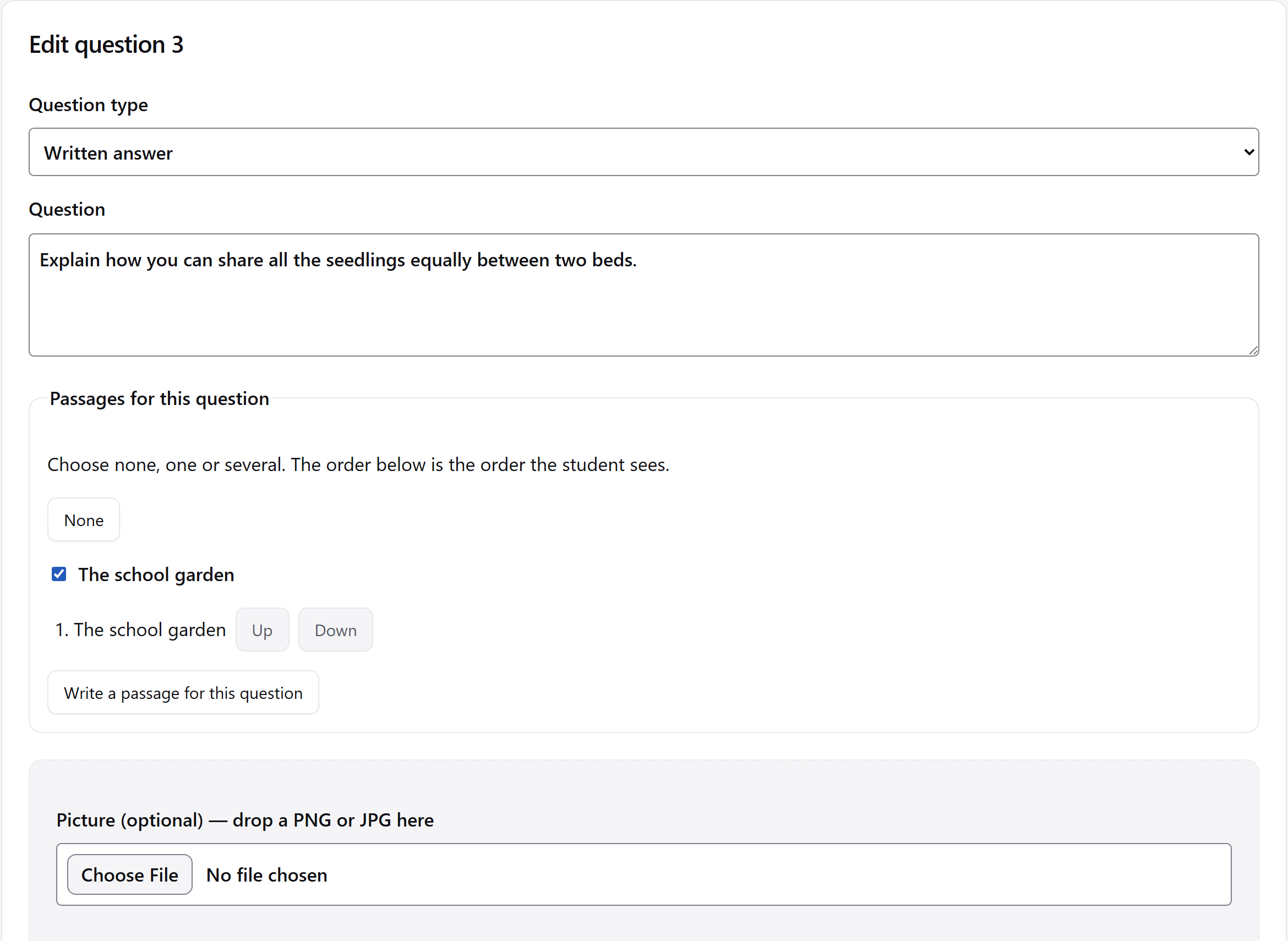 A written question and its attached passage in the exam builder.