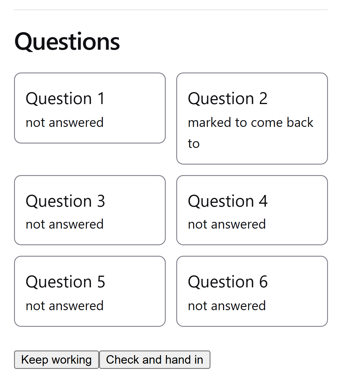 The question list showing unanswered questions and a question marked to return to.