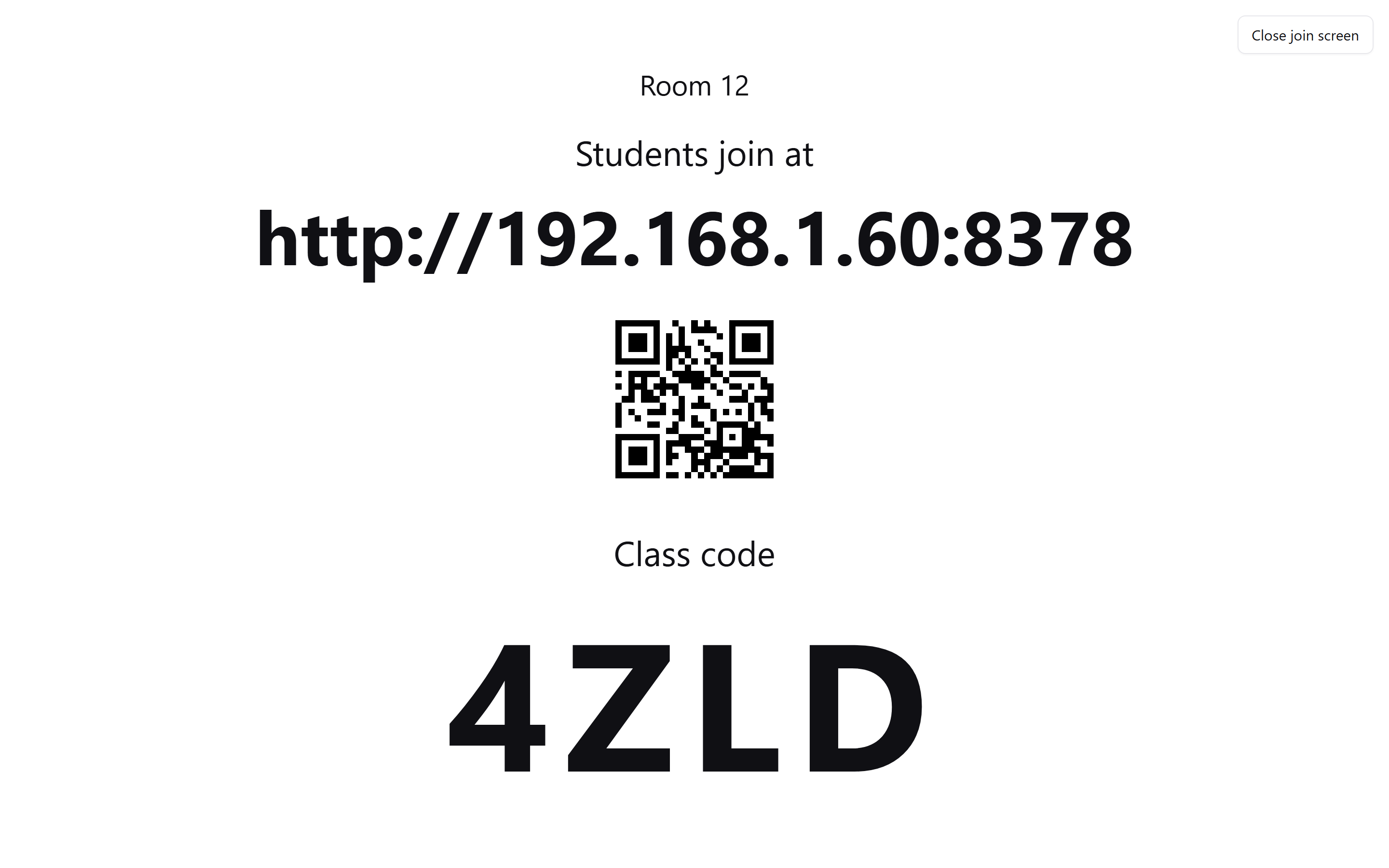 The classroom join address, QR code and class code on the wall screen.